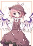  1girl animal_ears asameshi bird_wings brown_dress brown_eyes brown_headwear closed_mouth collared_shirt dress earrings eyebrows_visible_through_hair feathered_wings fingernails hat jewelry long_fingernails long_sleeves looking_at_viewer mob_cap mystia_lorelei pink_hair pink_nails shirt short_hair single_earring smile solo touhou white_shirt winged_hat wings 