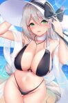  1girl aquila_(a_sip_of_sardegnian_elegance)_(azur_lane) aquila_(azur_lane) arms_up azur_lane beach between_breasts bikini breasts choker cleavage green_eyes hat highres jewelry large_breasts long_hair looking_at_viewer navel necklace official_alternate_costume ranju_aira solo sun_hat swimsuit thigh_gap thighs white_hair 