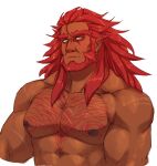  1boy abs bara beard chest_hair completely_nude cropped_torso dark-skinned_male dark_skin facial_hair ganondorf ghangaji highres large_pectorals long_hair male_focus mature_male muscular muscular_male nipples nude pectorals the_legend_of_zelda thick_eyebrows white_background wrinkled_skin yellow_eyes 