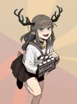  1girl :d absurdres animal_ears antlers ascot bell black_choker black_footwear blush brown_ascot brown_sailor_collar brown_skirt choker deer_ears deer_girl deer_tail gogalking green_eyes grey_hair highres horn_ornament horns jingle_bell long_hair long_sleeves looking_at_viewer miniskirt neck_bell open_mouth original pleated_skirt reindeer_antlers sailor_collar sanpaku school_uniform serafuku sharp_teeth shoes skirt smile socks solo standing standing_on_one_leg tail teeth white_legwear 