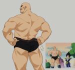  2boys absurdres ass back bald bara black_male_underwear briefs commentary dragon_ball dragon_ball_z english_commentary facial_hair from_behind hands_on_hips highres male_focus male_underwear mature_male multiple_boys muscular muscular_male mustache nappa reference_inset ross_(doodlrenzo) smug solo_focus sparkle thick_thighs thighs topless_male underwear underwear_only vegeta 