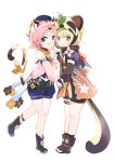  2girls :d absurdres animal_ears animal_hood arm_guards bag bangs bangs_pinned_back belt black_footwear black_gloves black_scarf black_shorts blunt_bangs cat_ears cat_girl cat_tail coria detached_sleeves diona_(genshin_impact) elbow_pads eyebrows_visible_through_hair fake_animal_ears fake_tail fishnets genshin_impact gloves green_eyes green_hair hair_between_eyes hair_ribbon hat highres holding holding_sword holding_weapon hood japanese_clothes leaf leaf_on_head looking_at_viewer multiple_girls navel ninja obi open_mouth paw_print pink_hair puffy_detached_sleeves puffy_shorts puffy_sleeves purple_eyes raccoon_ears raccoon_tail ribbon sash sayu_(genshin_impact) scarf short_hair short_sleeves shorts shuriken sidelocks simple_background smile sword tail thick_eyebrows weapon white_background white_gloves 