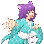  1girl animal_ears breasts cat_ears cat_girl choker commentary english_commentary floral_print indie_virtual_youtuber japanese_clothes kimono kirakirakat medium_hair mike_inel one_eye_closed open_mouth outstretched_hand purple_eyes purple_hair round_teeth small_breasts smile solo teeth transparent_background upper_body virtual_youtuber 