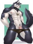  1boy abs absurdres animal_ear_fluff animal_ears arms_behind_back bara black_male_underwear blush briefs bulge clenched_teeth cropped_legs erection erection_under_clothes highres ig1119 jewelry large_pectorals looking_at_viewer male_focus male_pubic_hair male_underwear male_underwear_pull muscular muscular_male navel necklace nipples original pectorals penis penis_peek pubic_hair reward_available short_hair skindentation solo stomach tail tail_raised teeth thick_eyebrows thick_thighs thighs topless_male underwear underwear_only wet wolf_boy wolf_ears wolf_tail 