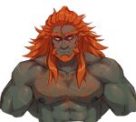  1boy abs bara beard chest_hair colored_skin completely_nude cropped_torso facial_hair ganondorf ghangaji green_skin highres large_pectorals long_hair male_focus mature_male muscular muscular_male nipples nude orange_hair pectorals the_legend_of_zelda thick_eyebrows white_background wrinkled_skin yellow_eyes 
