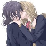  2girls adachi_sakura adachi_to_shimamura black_hair blazer blonde_hair bow hidden_face highres jacket kiss long_hair medium_hair multiple_girls ruaaa0609 school_uniform shimamura_hougetsu simple_background white_background yuri 