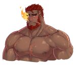  1boy bara beard blush completely_nude cropped_torso dark-skinned_male dark_skin embarrassed eyebrow_cut facial_hair flaming_eye ghangaji hair_slicked_back hephaestus_(housamo) highres large_pectorals looking_to_the_side male_focus mature_male muscular muscular_male nipples nude pectorals red_eyes red_hair scar scar_on_arm scar_on_chest short_hair solo thick_eyebrows tokyo_afterschool_summoners undercut white_background 