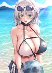  1girl ball bare_shoulders beachball bikini breasts cleavage collarbone day eyewear_on_head glint green_eyes highres holding holding_ball hololive huge_breasts looking_at_viewer navel ocean open_mouth outdoors shirogane_noel short_hair silver_hair smile solo strelka_belca sunglasses swimsuit transparent virtual_youtuber wet 