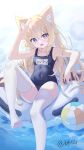  1girl absurdres animal_ear_fluff animal_ears arm_rest ball bare_arms bare_shoulders beachball blonde_hair blue_eyes blue_one-piece_swimsuit breasts collarbone covered_navel crossed_bangs embarrassed foot_out_of_frame fox_ears hair_between_eyes hand_to_head hand_up heterochromia highres knee_up leaning_back light_blush long_hair looking_at_viewer mixian name_tag no_shoes on_innertube one-piece_swimsuit open_mouth original purple_eyes raised_inner_eyebrows school_swimsuit sitting small_breasts solo swimsuit thighhighs toes water white_innertube white_thighhighs 