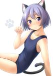  1girl animal_ear_fluff animal_ears bangs bare_arms bare_shoulders blue_swimsuit blush breasts cat_ears cat_girl cat_tail closed_mouth collarbone commentary_request eyebrows_visible_through_hair from_side hand_up highres looking_at_viewer looking_to_the_side old_school_swimsuit original paw_pose purple_eyes purple_hair school_swimsuit shibacha sitting small_breasts smile solo swimsuit tail white_background 