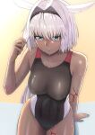  1girl animal_ears black_swimsuit body_markings breasts caenis_(fate) collarbone commentary_request competition_swimsuit dark-skinned_female dark_skin fate/grand_order fate_(series) hair_intakes higofushi one-piece_swimsuit rabbit_ears short_hair sitting solo swimsuit white_hair white_nails 