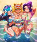  3girls absurdres animal_ears barefoot beach belly blonde_hair blue_eyes blue_hair breasts commission curry earrings english_commentary finger_to_mouth flower food green_eyes hand_on_another&#039;s_shoulder hand_on_own_head headphones heterochromia highres jewelry large_breasts lib_100 long_hair luna_snow luna_snow_(cool_summer) marvel marvel_rivals multicolored_hair multiple_girls navel ponytail psylocke psylocke_(breezy_butterfly) purple_hair slingshot_swimsuit squirrel_girl squirrel_girl_(marvel) squirrel_girl_(sunshine_squirrel)_(marvel) sunglasses swimsuit two-tone_hair v water white_hair 