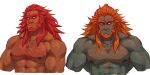  2boys abs absurdres bara beard blush character_request chest_hair colored_skin completely_nude cropped_torso dark-skinned_male dark_skin facial_hair ganondorf ghangaji green_skin highres large_pectorals long_hair male_focus mature_male multiple_boys muscular muscular_male nipples nude orange_hair pectorals the_legend_of_zelda thick_eyebrows white_background wrinkled_skin yellow_eyes 