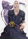  1boy aion_kiu bara covered_abs covered_navel cross-laced_clothes cross-laced_slit cross-laced_top feet_out_of_frame from_below frown jojo_no_kimyou_na_bouken large_pectorals leone_abbacchio lipstick long_hair looking_at_viewer makeup male_focus moody_blues_(stand) muscular muscular_male pectoral_cleavage pectorals petals purple_lips sidelocks stand_(jojo) vento_aureo white_hair wrinkled_skin 