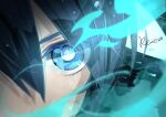  1girl bangs black_hair black_rock_shooter black_rock_shooter_(character) blue_eyes blue_fire bright_pupils close-up fire hair_between_eyes highres hoshizaki_reita long_hair looking_at_viewer portrait signature solo star_(symbol) white_pupils 