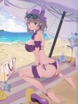  1girl absurdres animal_ears arm_garter ass azur_lane barefoot beach beach_umbrella bikini blue_hair breasts cat_ears cheshire_(azur_lane) cheshire_(summery_date!)_(azur_lane) choker chromatic_aberration cleavage day eyewear_on_head fake_animal_ears from_behind green_eyes grey_hair gumifans highres ice_bucket kneeling large_breasts leg_garter long_ribbon looking_at_viewer looking_back manjuu_(azur_lane) medium_hair multicolored_hair ocean official_alternate_costume outdoors purple_bikini purple_choker sand sandals sandals_removed see-through side-tie_bikini soles solo strapless strapless_bikini streaked_hair sunglasses swimsuit tinted_eyewear toes two-tone_hair umbrella water 