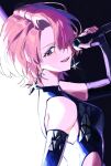  1girl 333takoyaki absurdres arimura_mao black_leotard blush commentary_request detached_sleeves earrings feel_jewel_dream_(idolmaster) from_side gakuen_idolmaster hair_over_one_eye highres holding holding_microphone idolmaster jewelry leotard looking_at_viewer microphone open_mouth pink_hair purple_eyes short_hair simple_background solo sparkle teeth upper_body upper_teeth_only 