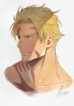  1boy aion_kiu bangs beowulf_(fate) blonde_hair cropped_shoulders facial_hair fate/grand_order fate_(series) goatee long_sideburns looking_to_the_side male_focus mature_male parted_bangs scar scar_across_eye scar_on_chest short_hair sideburns smile solo 