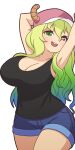  1girl arm_behind_back armpits arms_up black_tank_top blonde_hair blue_hair blue_shorts breasts cleavage commentary contrapposto cowboy_shot dragon_horns english_commentary eyebrows_behind_hair gradient_hair green_eyes green_hair hat heterochromia horns kobayashi-san_chi_no_maidragon large_breasts long_hair lucoa_(maidragon) mike_inel mismatched_pupils multicolored_hair open_mouth pink_headwear purple_eyes round_teeth short_shorts shorts smile solo tank_top teeth transparent_background 