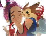  1boy 333takoyaki absurdres black_hair blush brown_eyes commentary_request furret gloves grin highres jacket kieran_(pokemon) long_sleeves male_focus multicolored_hair off_shoulder one_eye_closed open_clothes open_jacket open_mouth pokemon pokemon_(creature) pokemon_sv purple_hair red_gloves red_tank_top simple_background smile tank_top thick_eyebrows upper_body white_background 