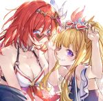  2girls achan_(blue_semi) adjusting_eyewear bangs bikini blonde_hair blue_eyes blue_swimsuit blush breasts cagliostro_(granblue_fantasy) choker cleavage collarbone commentary_request eyes_visible_through_hair eyewear_on_head godsworn_alexiel granblue_fantasy hair_ornament heart heart-shaped_eyewear long_hair looking_at_viewer looking_back medium_breasts multiple_girls o-ring o-ring_top official_alternate_costume parted_lips ponytail purple_eyes red_hair sidelocks simple_background swimsuit upper_body white_background white_bikini 