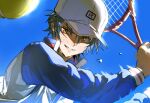  1boy 333takoyaki absurdres ball baseball_cap blue_background blue_jacket commentary_request echizen_ryooma hat highres holding holding_tennis_racket jacket long_sleeves male_focus open_clothes open_jacket orange_eyes racket shirt simple_background solo sweat tennis_ball tennis_no_ouji-sama tennis_racket upper_body white_hat white_jacket white_shirt 