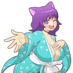  1girl alternate_breast_size animal_ears breasts cat_ears cat_girl choker commentary english_commentary floral_print indie_virtual_youtuber japanese_clothes kimono kirakirakat large_breasts medium_hair mike_inel one_eye_closed open_mouth outstretched_hand purple_eyes purple_hair round_teeth smile solo teeth transparent_background upper_body virtual_youtuber 