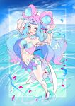  1girl blue_eyes blue_hair blue_sky cloud commentary cure_la_mer day eyelash_ornament full_body laura_la_mer long_hair looking_at_viewer magical_girl midriff multicolored_hair navel ocean open_mouth pink_eyes pink_hair precure rumo sky smile solo tropical-rouge!_precure 