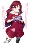  1girl amagi_(volfuji) bangs breasts cleavage collarbone commentary_request hair_ornament highres long_hair looking_at_viewer love_live! love_live!_sunshine!! low_ponytail medium_breasts oversized_clothes oversized_shirt pink_scrunchie red_hair sakurauchi_riko scrunchie shirt sidelocks solo thighhighs translation_request yellow_eyes 