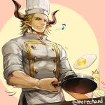  1boy 1girl baotorda bara blonde_hair charlotta_(granblue_fantasy) chef chef_hat chef_uniform cooking cow_boy cow_horns draph egg_yolk feet_out_of_frame frying_pan granblue_fantasy hat holding holding_frying_pan horns male_focus mature_male moreshan muscular muscular_male pectorals short_hair sideburns sleeves_rolled_up solo_focus tight 