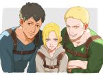  1girl 2boys annie_leonhardt bertolt_hoover black_hair blonde_hair blue_eyes blue_shirt collarbone commentary_request crossed_arms green_shirt highres hood hoodie looking_at_viewer meipu_hm multiple_boys reiner_braun shingeki_no_kyojin shirt short_hair simple_background smile suspenders upper_body yellow_eyes 