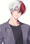  1boy alternate_costume bangs black_shirt boku_no_hero_academia burn_scar collarbone grey_background grey_jacket hair_between_eyes heterochromia jacket male_focus multicolored_hair ohcome_yone open_clothes open_jacket parted_lips red_hair scar scar_on_face shirt short_hair simple_background solo split-color_hair todoroki_shouto two-tone_hair upper_body white_background white_hair 