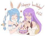  2girls :d aurapls bare_shoulders birthday_cake blue_hair braid cake carrot_hair_ornament closed_eyes commentary dated don-chan_(usada_pekora) english_commentary english_text feeding food food-themed_hair_ornament fork gradient_hair hair_ornament happy_birthday heart highres holding holding_fork hololive hololive_indonesia long_hair moona_hoshinova multicolored_hair multiple_girls open_mouth puffy_short_sleeves puffy_sleeves purple_hair short_sleeves simple_background smile twin_braids usada_pekora virtual_youtuber white_background 