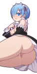  1girl ass black_dress blue_eyes blue_hair blush breasts commentary detached_sleeves dress english_commentary eyebrows_behind_hair finger_to_own_chin hair_ornament hair_over_one_eye lying maid maid_headdress medium_breasts mike_inel nipples no_panties on_side pussy_juice re:zero_kara_hajimeru_isekai_seikatsu rem_(re:zero) ribbon-trimmed_sleeves ribbon_trim roswaal_mansion_maid_uniform short_hair smile solo transparent_background x_hair_ornament 