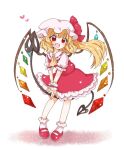  1girl :d ascot bangs blonde_hair blush bobby_socks commentary_request crystal eyebrows_visible_through_hair fang flandre_scarlet full_body hat heart holding holding_weapon laevatein_(touhou) mary_janes mob_cap one_side_up open_mouth puffy_short_sleeves puffy_sleeves red_eyes red_footwear red_skirt red_vest shoes short_sleeves simple_background skirt smile socks solo standing tanikake_yoku touhou vest weapon white_background white_headwear white_legwear wings yellow_ascot 