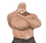 1boy abs absurdres bara beard blind cowboy_shot crossed_arms denim facial_hair highres jeans looking_at_viewer male_focus mature_male muscular muscular_male mustache navel navel_hair nipples old old_man overwatch pants pectorals reinhardt_(overwatch) ross_(doodlrenzo) scar scar_across_eye scar_on_arm short_hair solo stomach topless_male white_background white_hair 