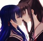  2girls akikaze_rui bangs beige_background black_shirt blackfangs blue_hair brown_eyes brown_hair chinese_commentary closed_mouth commentary_request eye_contact eyebrows_visible_through_hair face-to-face from_side gradient gradient_background hair_between_eyes hair_ribbon imminent_kiss light_particles long_hair looking_at_another mixed-language_commentary multicolored_hair multiple_girls partial_commentary ponytail profile purple_eyes purple_hair red_ribbon ribbon rinmeikan_girls_school_uniform sailor_collar school_uniform serafuku shirt shoujo_kageki_revue_starlight shoujo_kageki_revue_starlight_-re_live- sidelocks tomoe_tamao two-tone_hair upper_body white_background white_sailor_collar yuri 