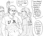  1girl 2boys abs bald_cap bb_(baalbuddy) clothes_lift commentary english_commentary english_text glasses greyscale highres makeup makeup_brush monochrome multiple_boys open_mouth original ponytail shirt shirt_lift simple_background speech_bubble t-shirt white_background 