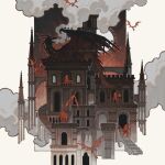  axe castle dark_souls_(series) dark_souls_ii day doorway dragon dragon_tail flying highres holding holding_axe holding_shield holding_sword holding_weapon knight la_bo_chu_shi shield smoke spire stairs stone_stairs sun sword tail weapon white_background wings wyvern 