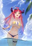  1girl :d absurdres bikini breasts clothes_lift cloud cloudy_sky demon_girl demon_horns demon_tail demon_wings eyebrows_behind_hair eyewear_on_head highres horns kurari_rose large_breasts looking_at_viewer mole mole_under_eye multicolored_hair ocean open_mouth pink_hair purple_hair red_hair see-through shirt sky smile solo sunglasses swimsuit swimsuit_lift tail tongue virtual_youtuber wactor_production wet wet_clothes wet_shirt wings xiami333 yellow_eyes 