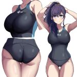  1girl adjusting_hair arimon_(dfrgty12) armpits asahina_mafuyu ass bangs black_swimsuit breasts closed_mouth competition_swimsuit hair_between_eyes hair_ornament highres large_breasts long_hair looking_at_viewer one-piece_swimsuit ponytail project_sekai purple_eyes purple_hair smile solo standing swimsuit thighs 