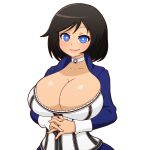  1girl alternate_breast_size bioshock_(series) bioshock_infinite black_hair blue_eyes blue_jacket breasts choker cleavage collarbone commentary elizabeth_(bioshock_infinite) english_commentary huge_breasts interlocked_fingers jacket medium_hair mike_inel own_hands_together smile solo striped transparent_background upper_body 
