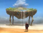  ambiguous_gender blue_sky cloud commentary creature desert fantasy k-takano oasis original scenery signature sky standing water waterfall white_hair 