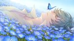  1boy animal_ears bangs blue_butterfly blue_flower bug butterfly cat_ears closed_eyes erune floral_background flower granblue_fantasy lying male_focus nehan_(granblue_fantasy) numahidoi on_back open_mouth parted_lips shirt short_hair silver_hair sleeping solo twitter_username white_shirt 