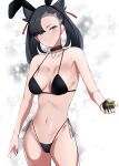  1girl absurdres bangs bare_shoulders bikini black_bikini black_hair black_nails blue_eyes blush breasts choker commentary_request highres long_hair looking_at_viewer marnie_(pokemon) megao_3rd navel poke_ball pokemon pokemon_(game) pokemon_swsh solo swimsuit twintails 