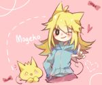  1girl ^_^ ^o^ animal_ears bangs black_eyes blonde_hair blue_hoodie blush bow cat cat_ears closed_eyes closed_mouth hair_between_eyes heart hood hoodie long_hair looking_at_viewer mary_(14476764) moge-ko mogeko_(mogeko_castle) mogeko_castle one_eye_closed pink_background pink_skirt pointing simple_background skirt smile standing upper_body v yellow_cat 