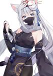  1girl animal_ear_fluff animal_ears bangs blue_eyes blue_ribbon braid breasts bridal_gauntlets cowboy_shot eyes_visible_through_hair fox_ears fox_girl fox_mask grey_scarf hair_ribbon highres holding holding_weapon japanese_clothes kunai long_hair looking_at_viewer mask mask_on_head medium_breasts mouth_mask ninja ninja_mask original ponytail reverse_grip ribbon sash scarf silver_hair smile solo standing tassel very_long_hair weapon xiao_lin_jiu 