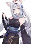  1girl animal_ears blue_eyes breasts commentary cowboy_shot fox_ears fox_girl fox_mask grey_scarf highres kunai looking_at_viewer mask mask_on_head medium_breasts ninja original ponytail reverse_grip scarf silver_hair smile solo symbol-only_commentary weapon xiao_lin_jiu 