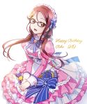 1girl apron bangs birthday character_name commentary_request dated english_text glasses grey-framed_eyewear happy_birthday konro_kai long_sleeves looking_at_viewer love_live! love_live!_sunshine!! low_twintails maid maid_apron maid_headdress red_hair sakurauchi_riko sidelocks solo twintails yellow_eyes 