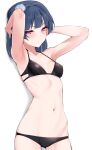  1girl armpits arms_up bangs bikini black_bikini blue_hair blunt_bangs blush breasts closed_mouth collarbone commentary cowboy_shot expressionless hands_in_hair highres long_hair looking_at_viewer love_live! love_live!_sunshine!! nasuno_(nasuno42) navel ponytail purple_eyes simple_background small_breasts solo stomach swimsuit tsushima_yoshiko white_background 
